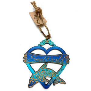 SeaWorld Orlando Dolphin Heart Wooden Ornament